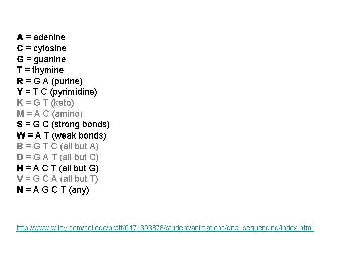 A = adenine C = cytosine G = guanine T = thymine R =