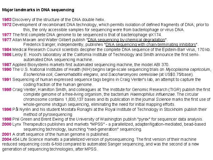 Major landmarks in DNA sequencing 1953 Discovery of the structure of the DNA double