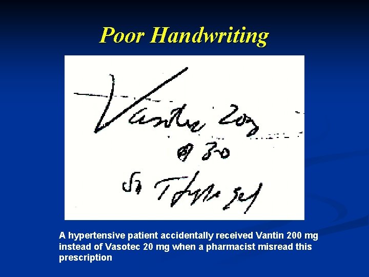 Poor Handwriting A hypertensive patient accidentally received Vantin 200 mg instead of Vasotec 20