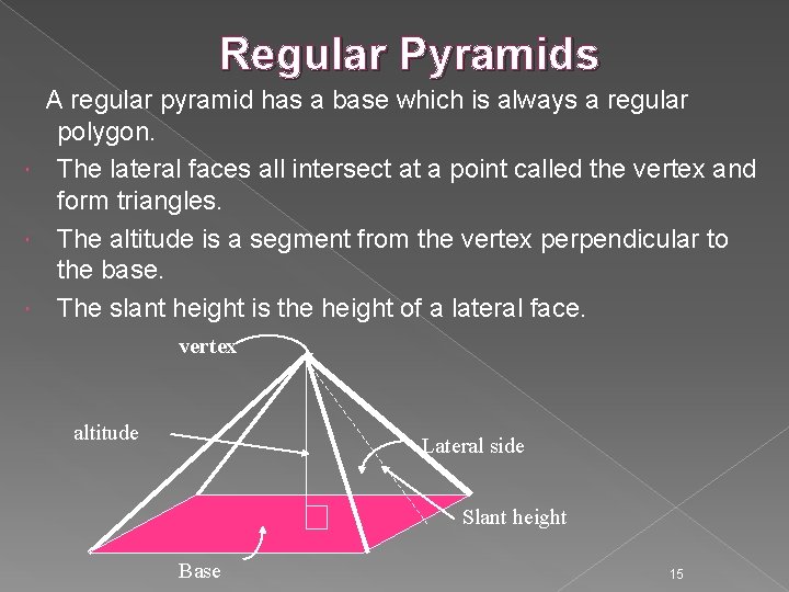 Regular Pyramids A regular pyramid has a base which is always a regular polygon.