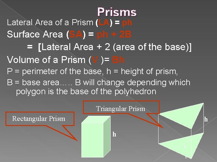 Prisms Lateral Area of a Prism (LA) = ph Surface Area (SA) = ph