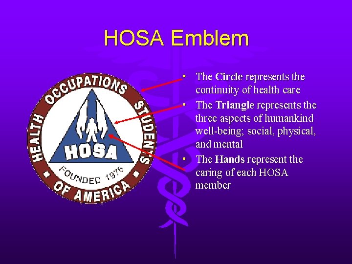 HOSA Emblem • The Circle represents the continuity of health care • The Triangle
