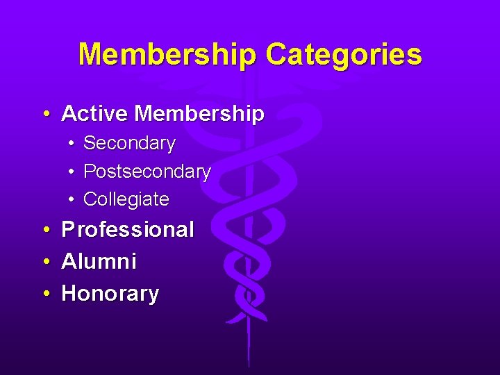 Membership Categories • Active Membership • • • Secondary Postsecondary Collegiate Professional Alumni Honorary