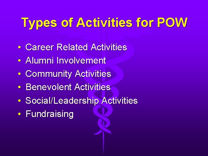 Types of Activities for POW • • • Career Related Activities Alumni Involvement Community