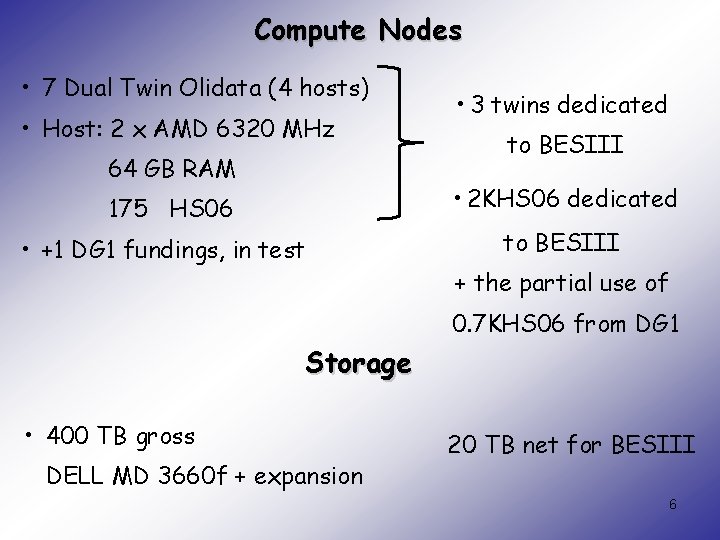 Compute Nodes • 7 Dual Twin Olidata (4 hosts) • Host: 2 x AMD