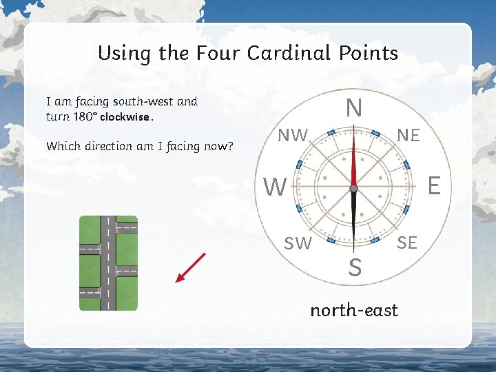 Using the Four Cardinal Points I am facing south-west and turn 180° clockwise. Which