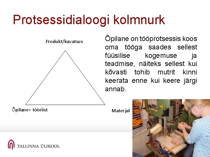 Protsessidialoogi kolmnurk Produkt/kavatsus Õpilane+ tööriist Õpilane on tööprotsessis koos oma tööga saades sellest füüsilise