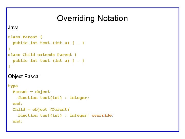 Overriding Notation Java class Parent { public int test (int a) { … }