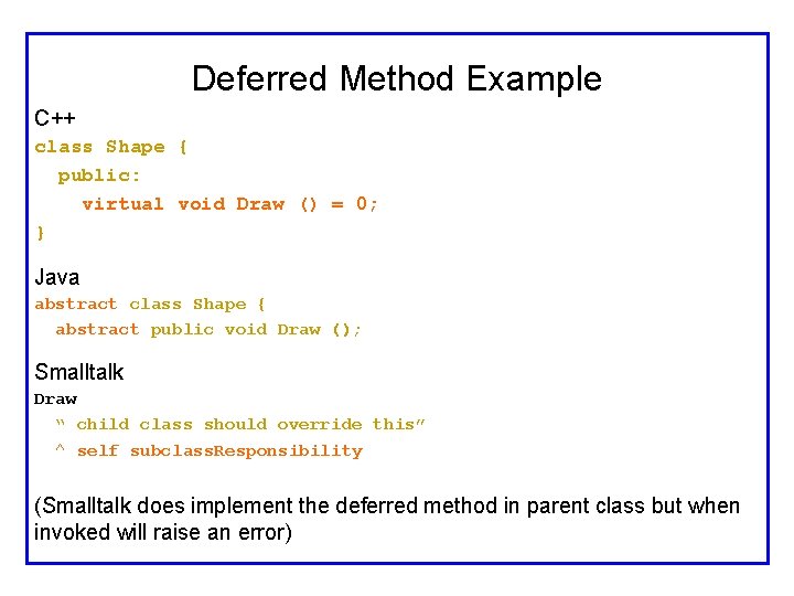 Deferred Method Example C++ class Shape { public: virtual void Draw () = 0;