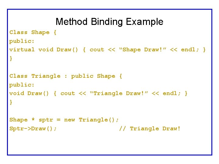 Method Binding Example Class Shape { public: virtual void Draw() { cout << “Shape