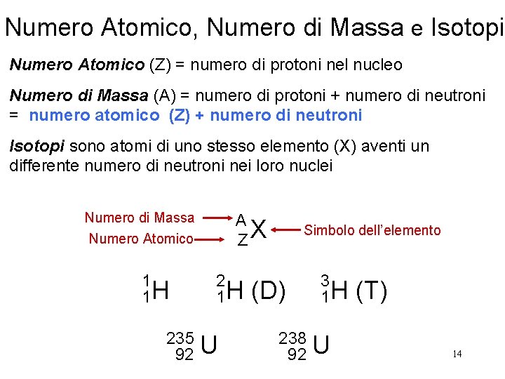 Numero Atomico, Numero di Massa e Isotopi Numero Atomico (Z) = numero di protoni