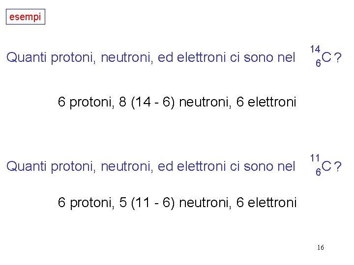 esempi Quanti protoni, neutroni, ed elettroni ci sono nel 14 6 C ? 6