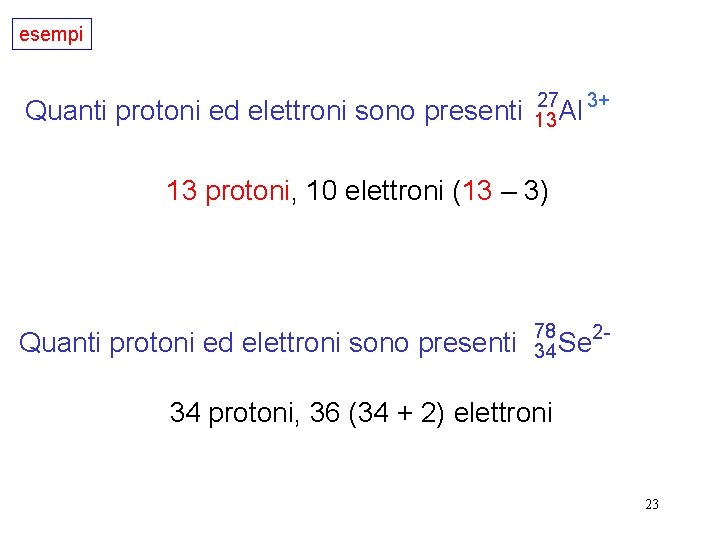 esempi Quanti protoni ed elettroni sono presenti 27 3+ 13 Al 13 protoni, 10