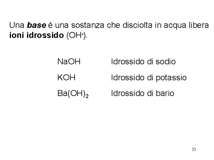 Una base è una sostanza che disciolta in acqua libera ioni idrossido (OH-). Na.