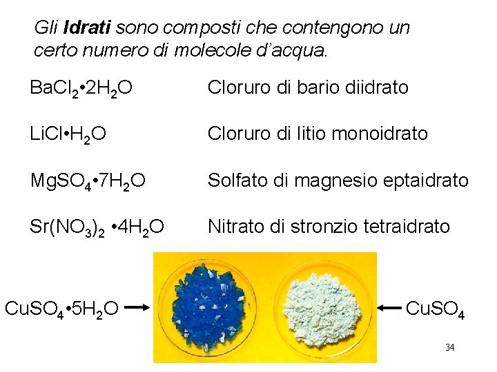 Gli Idrati sono composti che contengono un certo numero di molecole d’acqua. Ba. Cl