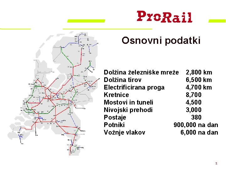 Osnovni podatki Dolžina železniške mreže 2, 800 km Dolžina tirov 6, 500 km Electrificirana