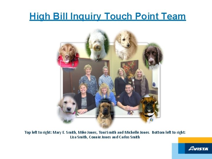 High Bill Inquiry Touch Point Team Top left to right: Mary E. Smith, Mike