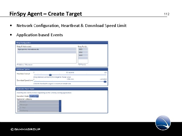 Fin. Spy Agent – Create Target • Network Configuration, Heartbeat & Download Speed Limit