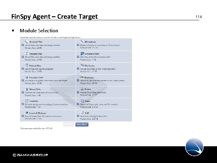 Fin. Spy Agent – Create Target • Module Selection 114 
