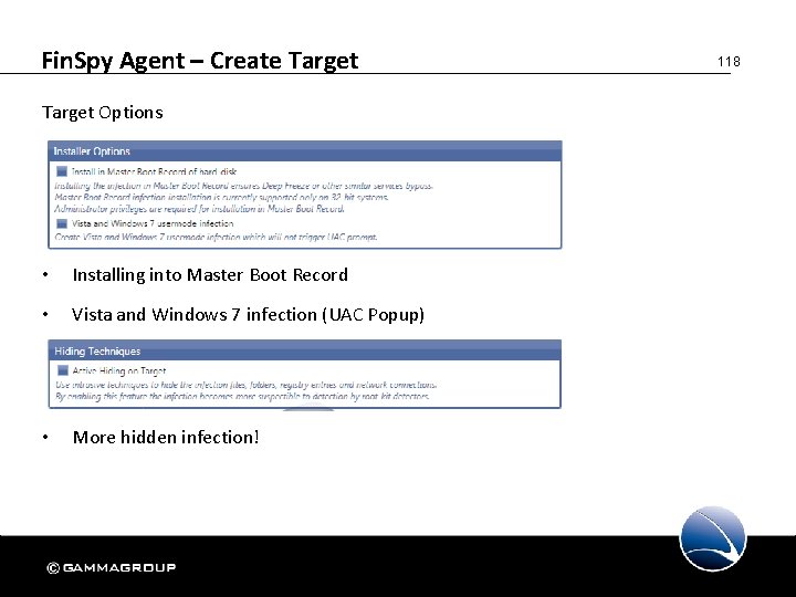 Fin. Spy Agent – Create Target Options • Installing into Master Boot Record •