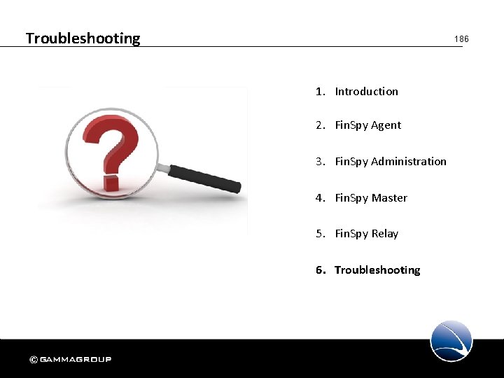 Troubleshooting 186 1. Introduction 2. Fin. Spy Agent 3. Fin. Spy Administration 4. Fin.