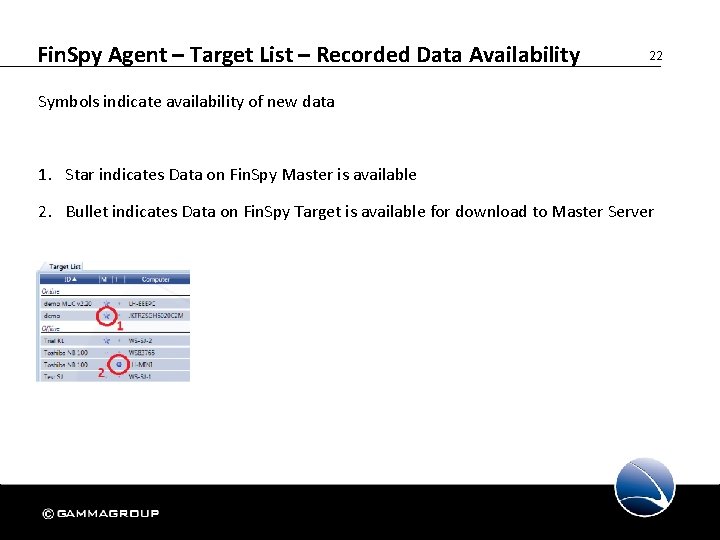 Fin. Spy Agent – Target List – Recorded Data Availability 22 Symbols indicate availability