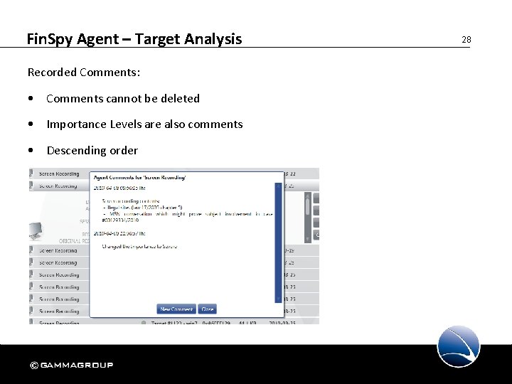 Fin. Spy Agent – Target Analysis Recorded Comments: • Comments cannot be deleted •