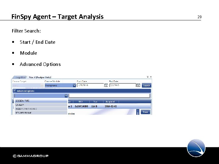 Fin. Spy Agent – Target Analysis Filter Search: • Start / End Date •