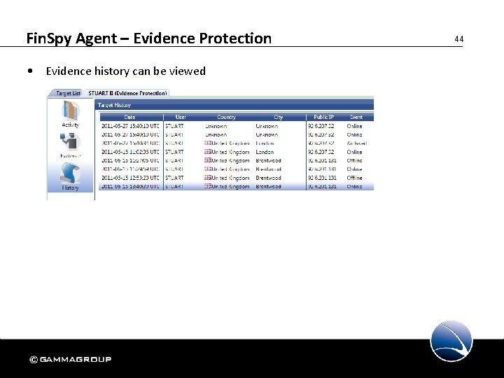 Fin. Spy Agent – Evidence Protection • Evidence history can be viewed 44 