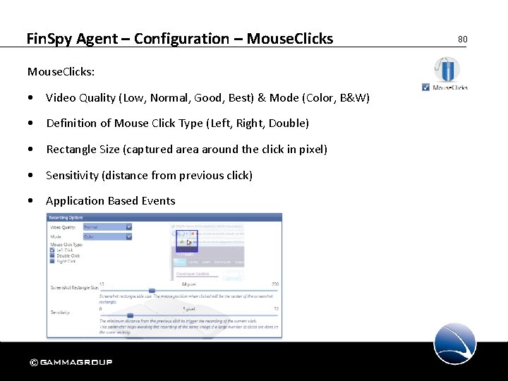 Fin. Spy Agent – Configuration – Mouse. Clicks: • Video Quality (Low, Normal, Good,