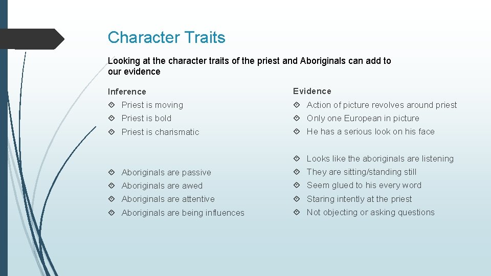 Character Traits Looking at the character traits of the priest and Aboriginals can add