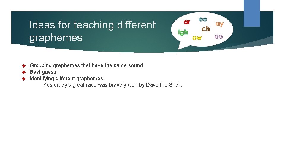 Ideas for teaching different graphemes Grouping graphemes that have the same sound. Best guess.