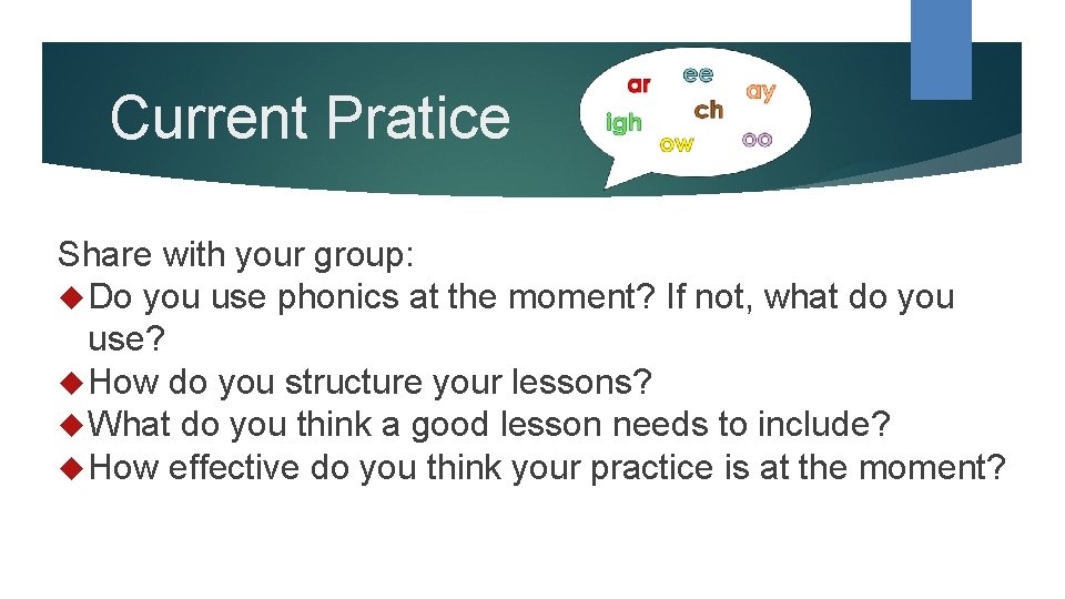 Current Pratice Share with your group: Do you use phonics at the moment? If