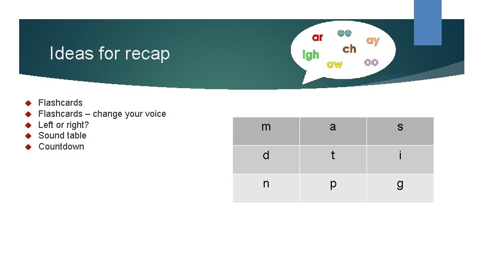 Ideas for recap Flashcards – change your voice Left or right? Sound table Countdown