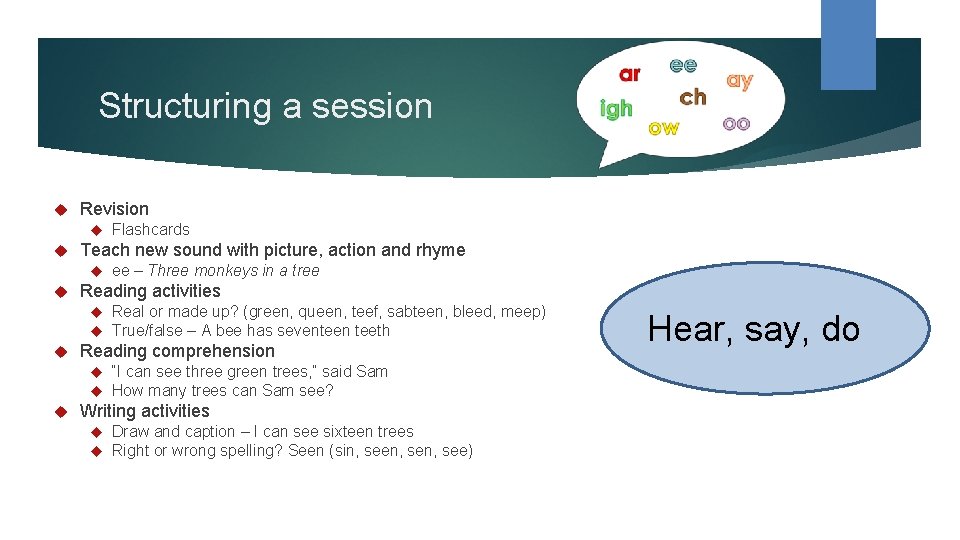 Structuring a session Revision Teach new sound with picture, action and rhyme Real or