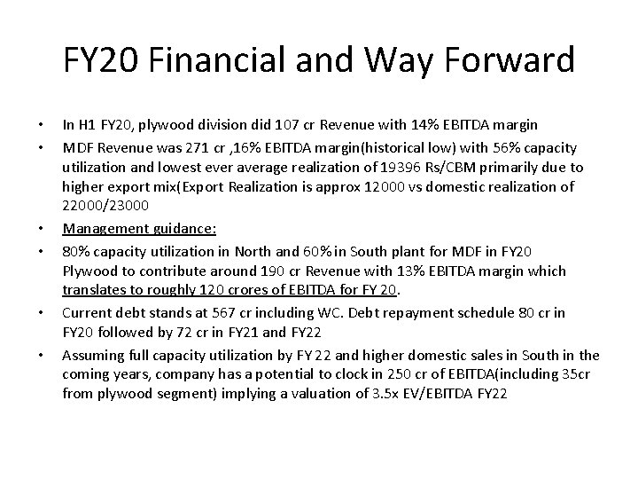 FY 20 Financial and Way Forward • • • In H 1 FY 20,