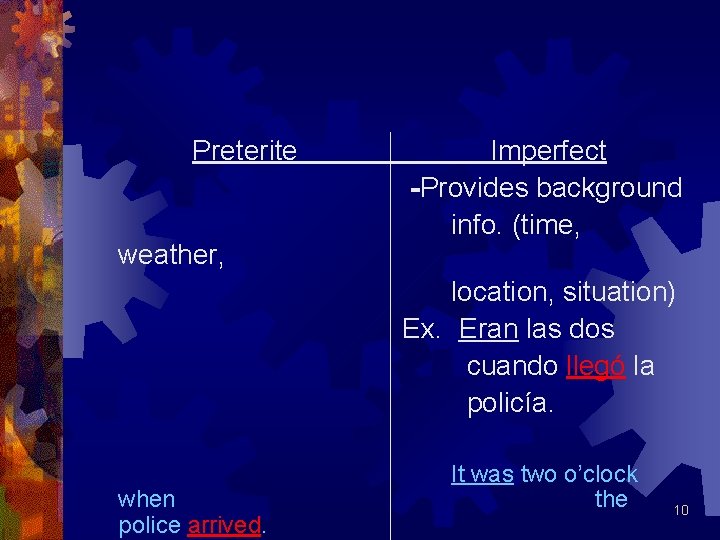 Preterite weather, Imperfect -Provides background info. (time, location, situation) Ex. Eran las dos cuando