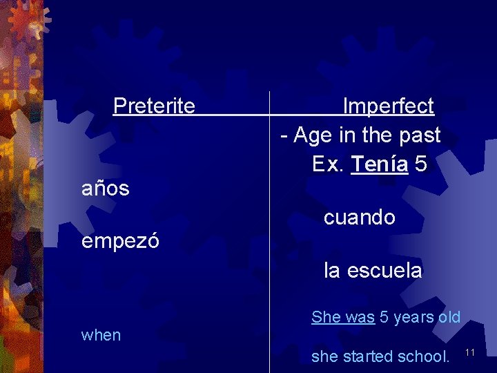 Preterite años empezó Imperfect - Age in the past Ex. Tenía 5 cuando la