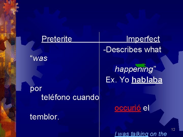 Preterite “was por teléfono cuando temblor. Imperfect -Describes what happening” Ex. Yo hablaba occurió