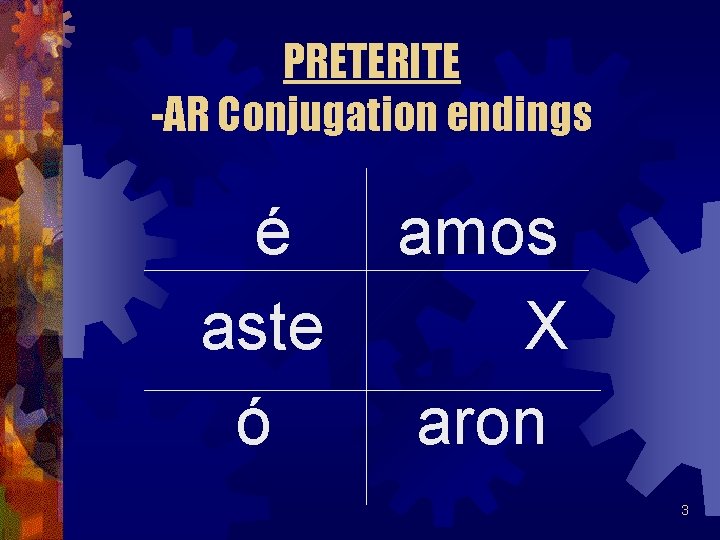 PRETERITE -AR Conjugation endings é aste ó amos X aron 3 