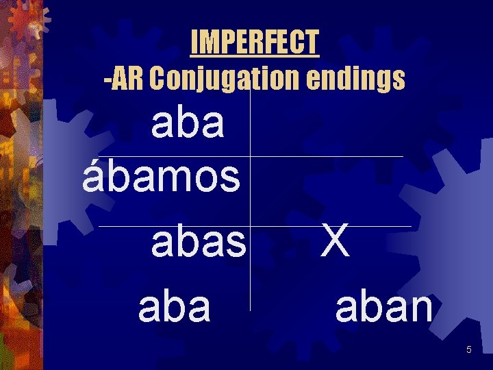 IMPERFECT -AR Conjugation endings aba ábamos aba X aban 5 