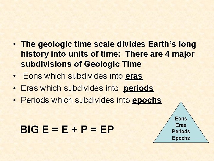 • The geologic time scale divides Earth’s long history into units of time: • The geologic time scale divides Earth’s long history into units of time: