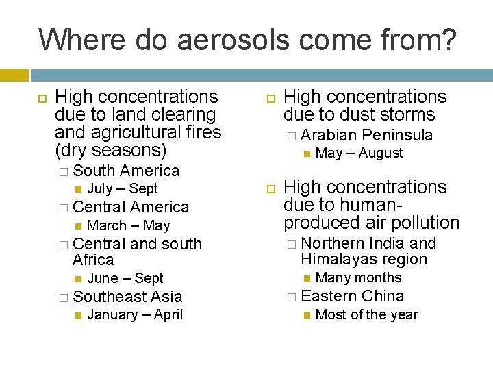 Where do aerosols come from? High concentrations due to land clearing and agricultural fires