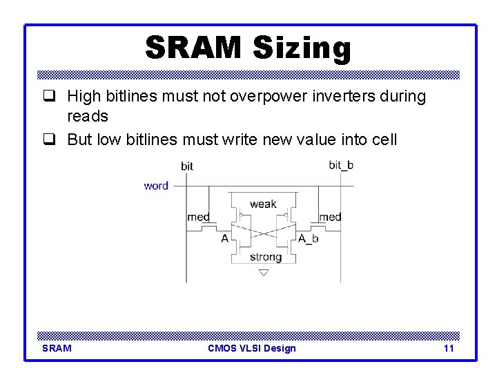 SRAM Sizing q High bitlines must not overpower inverters during reads q But low