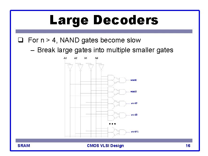 Large Decoders q For n > 4, NAND gates become slow – Break large