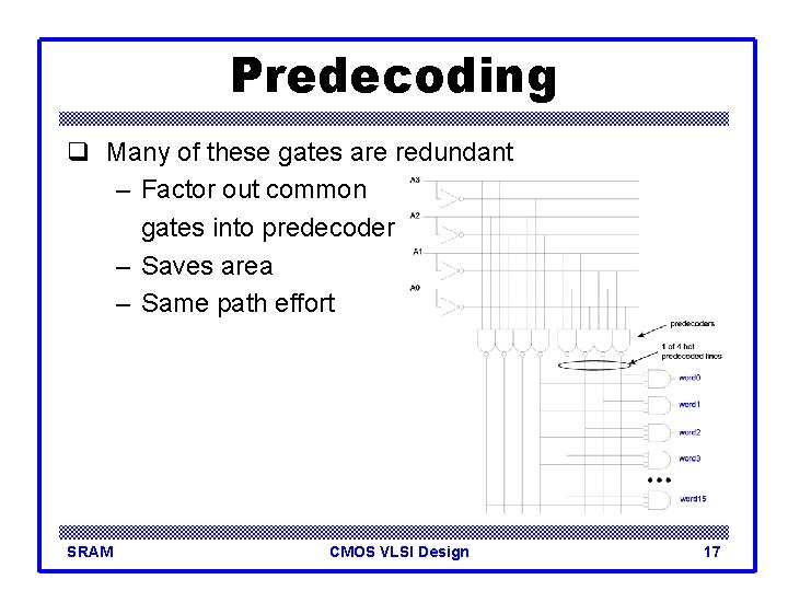 Predecoding q Many of these gates are redundant – Factor out common gates into