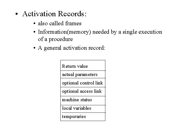  • Activation Records: • also called frames • Information(memory) needed by a single