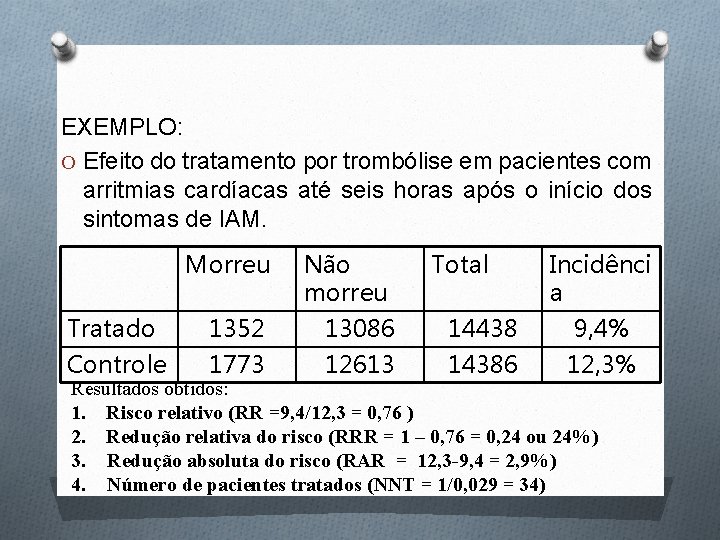 EXEMPLO: O Efeito do tratamento por trombólise em pacientes com arritmias cardíacas até seis