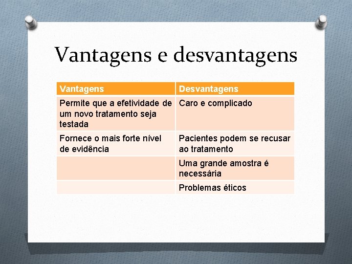 Vantagens e desvantagens Vantagens Desvantagens Permite que a efetividade de Caro e complicado um