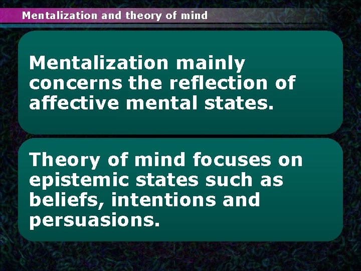 Mentalization and theory of mind Mentalization mainly concerns the reflection of affective mental states.